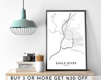 Eagle River Alaska Map Art: Modern Black and White Print (Digital File)