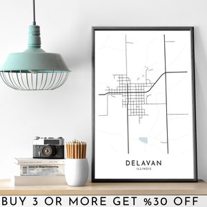 DELAVAN City Map DRUCKBARE Schwarz und Weiß Kunst Wand Poster Moderne minimalistische Büro Dekoration ILLINOIS Digitale Datei