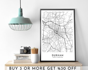 Durham North Carolina Map Art: Minimalist Black and White Print (Digital File)