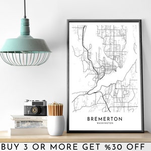 BREMERTON City Map PRINTABLE Black and White Wall Art Poster Modern Minimalist Office Decoration Usa WASHINGTON Digital File