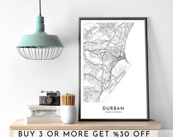 Durban City Map Art: Modern Black and White Poster (Digital File)