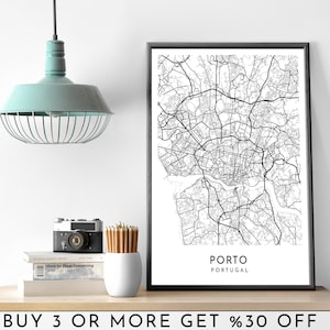 PORTO stadsplattegrond AFDRUKBAAR zwart-witte muurkunstposter moderne minimalistische kantoordecoratie PORTUGAL digitaal bestand