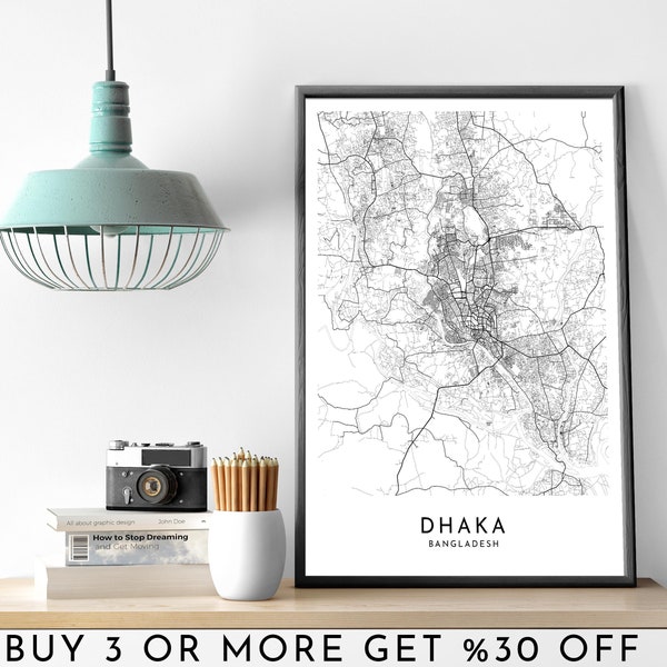 DHAKA City Map PRINTABLE Black and White Wall Art Poster Modern Minimalist Office Decoration BANGLADESH a Digital File