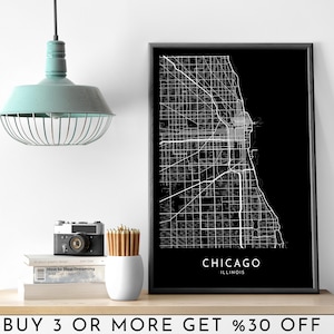 CHICAGO Stadt Karte DRUCKBARE Schwarz Weiß Dunkle Karte Wand Kunst Poster Modern Minimalist Büro Dekoration USA Illinois Amerika Digitale Datei