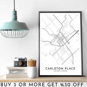 Mapa artístico de Carleton Place, Ontario: Impresión minimalista en blanco y negro (archivo digital)
