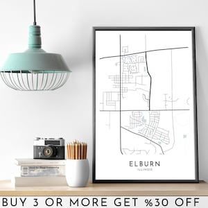 ELBURN City Map DRUCKBARE Schwarz und Weiß Kunst Wand Poster Moderne minimalistische Büro Dekoration ILLINOIS Digitale Datei