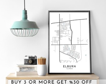 Elburn Illinois Map Art: Modern Black and White City Poster (Digital File)