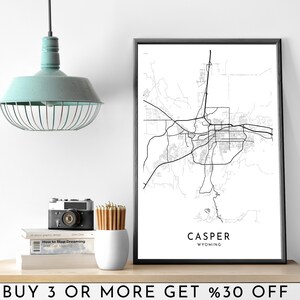 CASPER ville carte IMPRIMABLE noir et blanc mur Art affiche moderne minimaliste bureau décoration Usa WYOMING fichier numérique