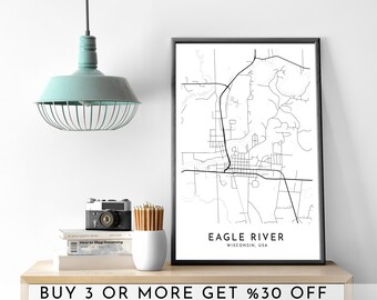 Eagle River Wisconsin Map Art: Modern Black and White Print (Digital File)