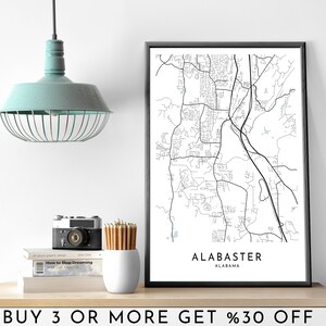 ALABASTER Stadsplattegrond AFDRUKBARE zwart-witte muurkunstposter Moderne minimalistische kantoordecoratie Usa ALABAMA Digitaal bestand