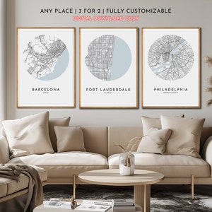 mapa personalizado pôster | Impressão personalizada do mapa da cidade | Qualquer cidade ou local | Presente de mapa personalizado | Conjunto de 3 Estampas | Arte de parede de mapa para impressão