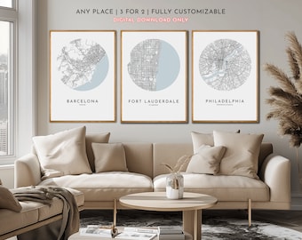 Poster de carte personnalisé | Impression de plan de ville personnalisé | N'importe quelle ville ou emplacement | Cadeau de carte personnalisée | Lot de 3 impressions | Art mural carte imprimable