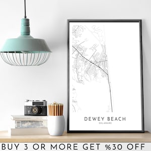 DEWEY BEACH stadsplattegrond AFDRUKBARE zwart-witte muurkunstposter moderne minimalistische kantoordecoratie Delaware digitaal bestand
