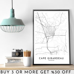 CAPE GIRARDEAU Mapa de la ciudad IMPRIMIBLE Cartel de arte de pared en blanco y negro Decoración de oficina minimalista moderna Archivo digital de Missouri
