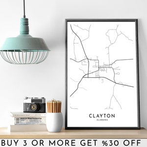 CLAYTON Stadsplattegrond AFDRUKBARE zwart-witte muurkunstposter Moderne minimalistische kantoordecoratie Usa ALABAMA Digitaal bestand