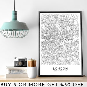 LONDRES Mapa de la ciudad IMPRIMIBLE Cartel de arte de pared en blanco y negro Decoración de oficina minimalista moderna Archivo digital del Reino Unido