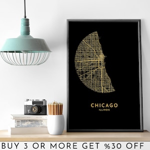CHICAGO Stadt Karte DRUCKBARE Goldfolie Kreis Wand Kunst Poster Modern Minimalist Büro Dekoration USA Illinois Digitale Datei
