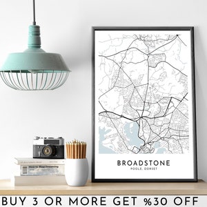 BROADSTONE-POOLE, Dorsert Stadt Karte DRUCKBARE schwarz weiß Wand Kunst Poster Modern Minimalist Büro Dekoration Vereinigtes Königreich Digitale Datei