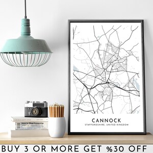 CANNOCK Stadt Karte DRUCKBARE schwarz weiß Wand Kunst Poster Modern Minimalist Büro Dekoration Vereinigtes Königreich Digitale Datei