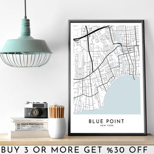 BLUE-POINT Mapa de la ciudad IMPRIMIBLE Cartel de arte de pared en blanco y negro Decoración de oficina minimalista moderna Usa Archivo digital de Nueva York
