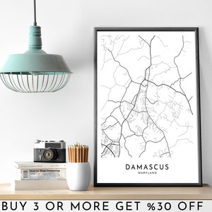 DAMASKUS Stadt Karte DRUCKBARE schwarz weiß Wand Kunst Poster Modern Minimalist Büro Dekoration MARYLAND Digitale Datei
