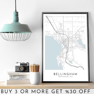 BELLINGHAM Stadt Karte DRUCKBARE schwarz weiß Wand Kunst Poster Modern Minimalist Büro Dekoration USA Washington Amerika Digitale Datei