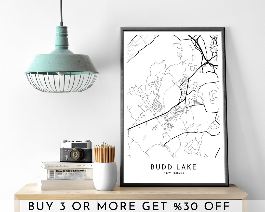 BUDD LAKE City Map PRINTABLE Black and White Wall Art Poster Modern Minimalist Office Decoration