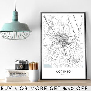 AGRINIO Stadt Karte DRUCKBARE schwarz weiß Wand Kunst Poster Modern Minimalist Büro Dekoration GRIECHENLAND Digitale Datei
