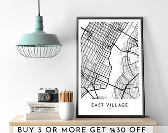 East Village Map Art Print: Minimalist Black and White (Digital File)