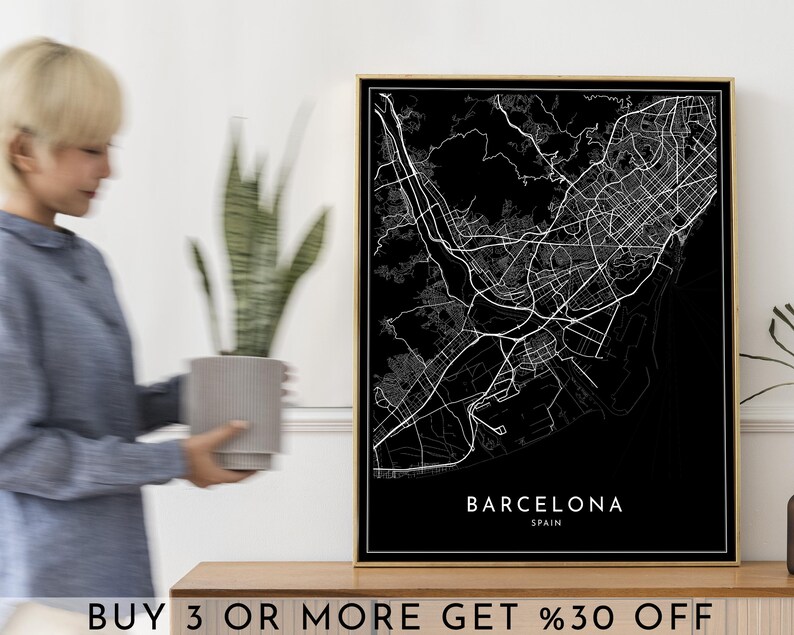 Barcelona City Map Art Print Modern Black and White (digital File) Etsy