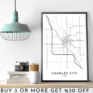 CHARLES CITY City Map PRINTABLE Black and White Wall Art Poster Modern Minimalist Office Decoration Usa Iowa Digital File