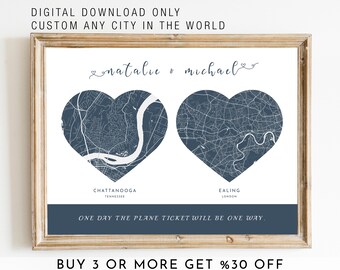 HEARTS MAP PRINT, Personalized 2 Location Map Poster, Printable Custom Map Wall Art, Long Distance Map Art Wedding Gift for Couple, Any City