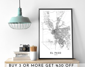 El Paso Texas City Map Art: Modern Black and White Print (Digital File)