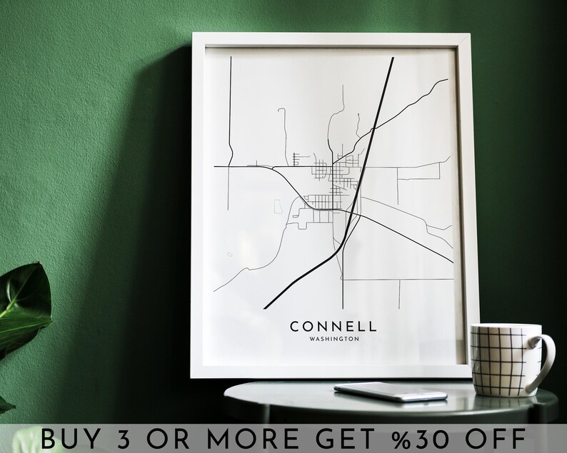 Connell Washington Map Art Print: Modern Black and White Cityscape ...