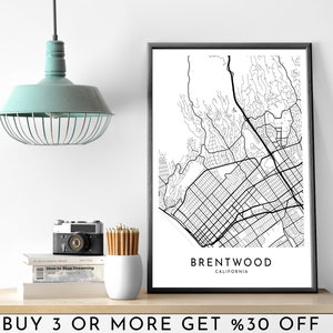BRENTWOOD 市街地図 印刷可能 白黒 壁アート ポスター モダン ミニマリスト オフィス デコレーション カリフォルニア デジタル ファイル