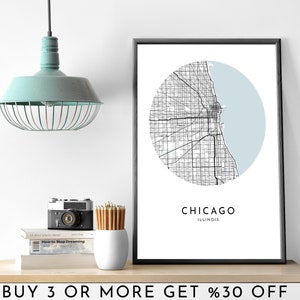 Mapa de la ciudad de CHICAGO IMPRIMIBLE Mapa circular en blanco y negro Cartel de arte de pared Decoración de oficina minimalista moderna EE.UU. Archivo digital de Illinois