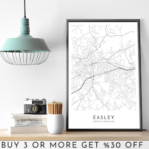 EASLEY City Map IMPRIMABLE Noir et Blanc Wall Art Poster Moderne Minimaliste Bureau Décoration Usa Caroline du Sud Fichier numérique