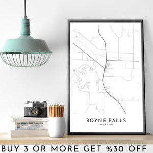 BOYNE Falls City Map Printable Black and White Wall Art Poster Modern Minimalist Office Decoration USA MICHIGAN デジタルファイル