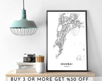 MUMBAI ville carte imprimable noir et blanc mur Art affiche moderne minimaliste bureau décoration INDE fichier numérique