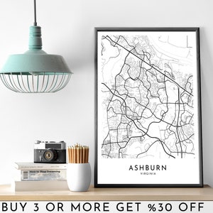 ASHBURN mapa da cidade para impressão, preto e branco, arte de parede, pôster moderno e minimalista, decoração de escritório, EUA, Virgínia, América, arquivo digital