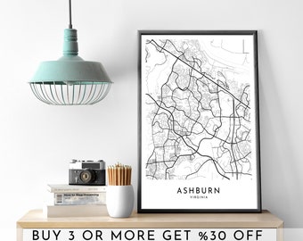 ASHBURN City Map PRINTABLE Black and White Wall Art Poster Modern Minimalist Office Decoration USA Virginia America Digital File