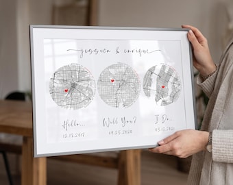 Anniversary Map Print, Three Heart-Marked Locations with Custom Names and Dates, High-Resolution JPG Download
