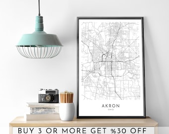 AKRON City Map PRINTABLE Black and White Wall Art Poster Modern Minimalist Office Decoration USA Ohio America Digital File