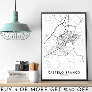 CASTELO BRANCO Stadsplattegrond AFDRUKBARE zwart-witte muurkunstposter Moderne minimalistische kantoordecoratie Portugal Digitaal bestand