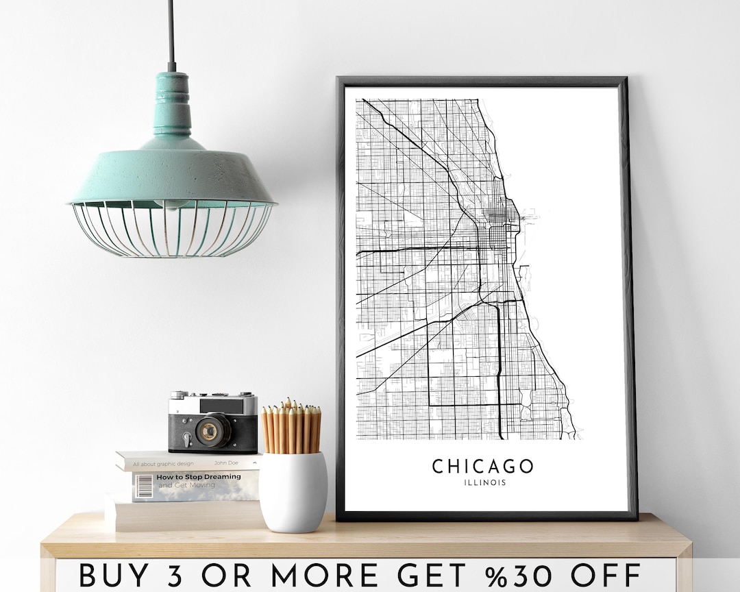 CHICAGO City Map PRINTABLE Black and White Wall Art Poster Modern