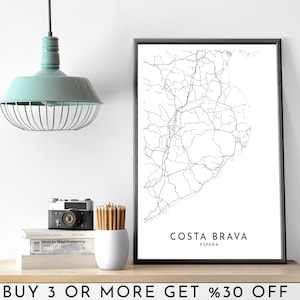 COSTA BRAVA Mapa de la ciudad IMPRIMIBLE Cartel de arte de pared en blanco y negro Decoración de oficina minimalista moderna España Archivo digital