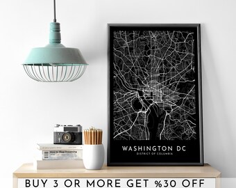 WASHINGTON Dc City Map PRINTABLE Black and White Dark Map Wall Art Poster Modern Minimalist Office Decoration USA America Digital File