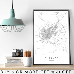 DURANGO City Map DRUCKBARE Schwarz und Weiß Kunst Wand Poster Moderne Minimalistische Büro Dekoration MEXIKO Digital Datei