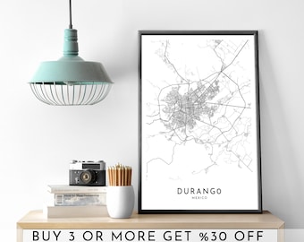 Durango Mexico City Map Art: Minimalist Black and White Print (Digital File)