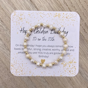 Goldener Geburtstag Süßwasserperle und Gold Stretch Armband, goldener Geburtstag Geschenk Armband mit Karte Geburtstagskind